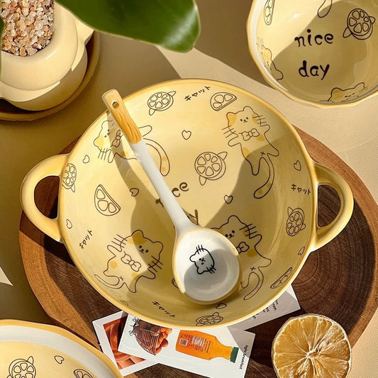 Lemon Cat Double-Handle Ceramic Bowl with Spoon | 800ml Salad & Pasta Bowl