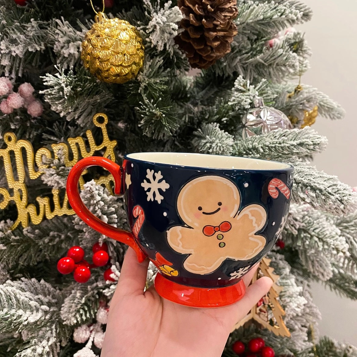 Hand-painted Christmas ceramic mug with Santa bear in red and snowman in navy blue, 500ML