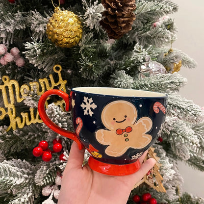 Hand-painted Christmas ceramic mug with Santa bear in red and snowman in navy blue, 500ML