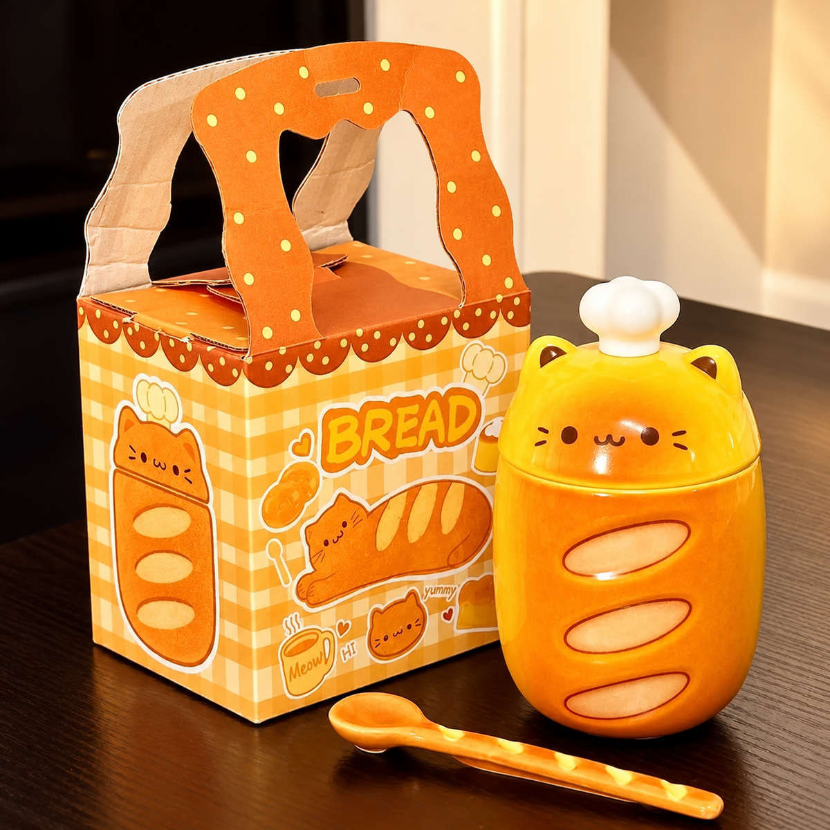 Baguette Cat Ceramic Mug with Lid & Spoon – 350ML