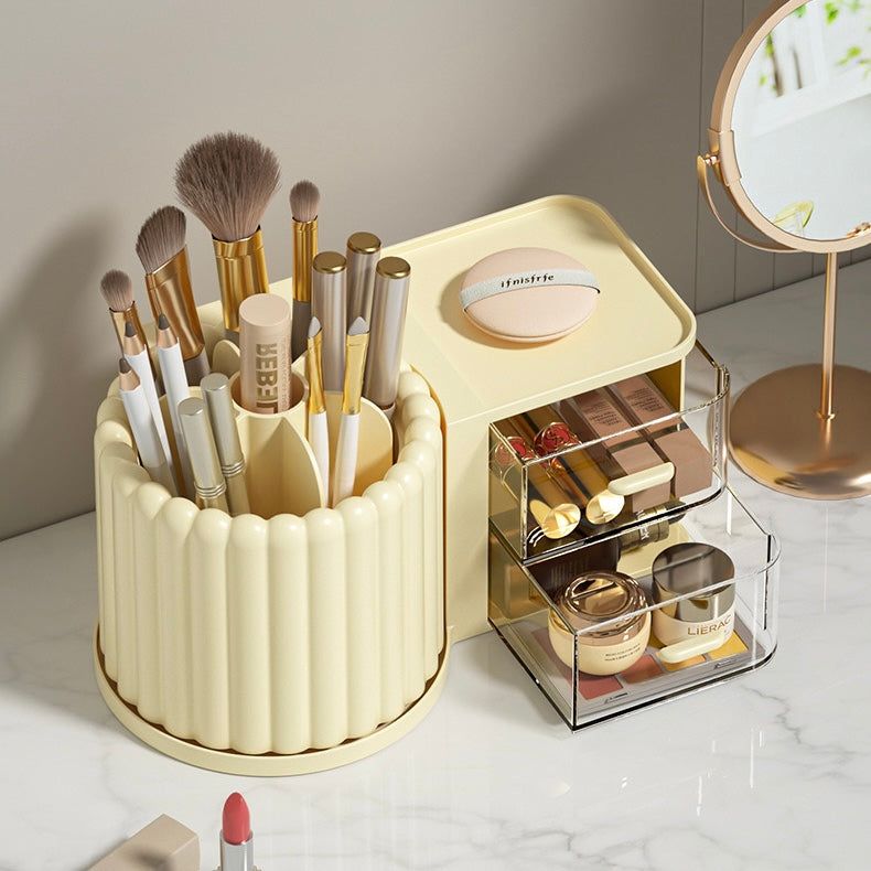 Cream Ribbed Rotating Pen Holder with Drawer Organizer - 2 Colors