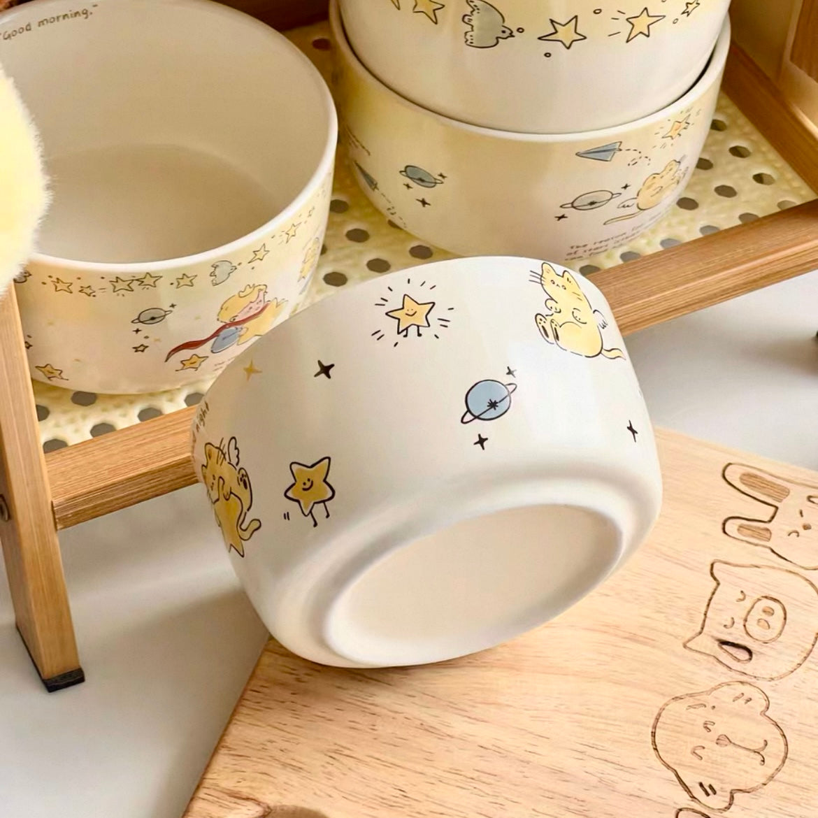 Star prince ceramic bowl set of 4 in cream gift box with alphabet pattern