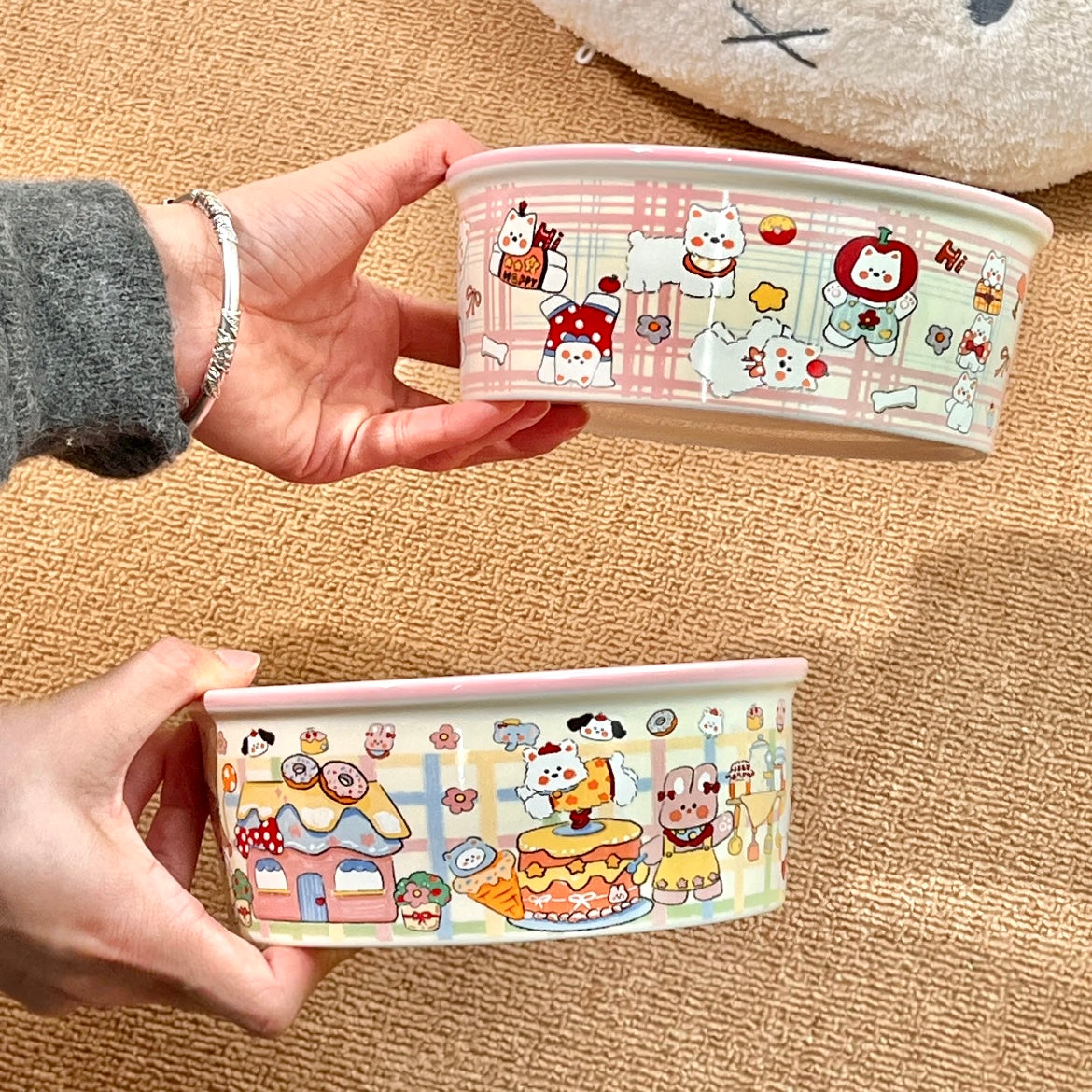 Pink ceramic salad bowls stacked showing Westie café, panda picnic, and piggy bakery designs, 600ML