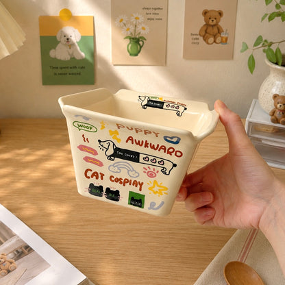 Kawaii Doodle Square Ceramic Snack Bowl – 800ML