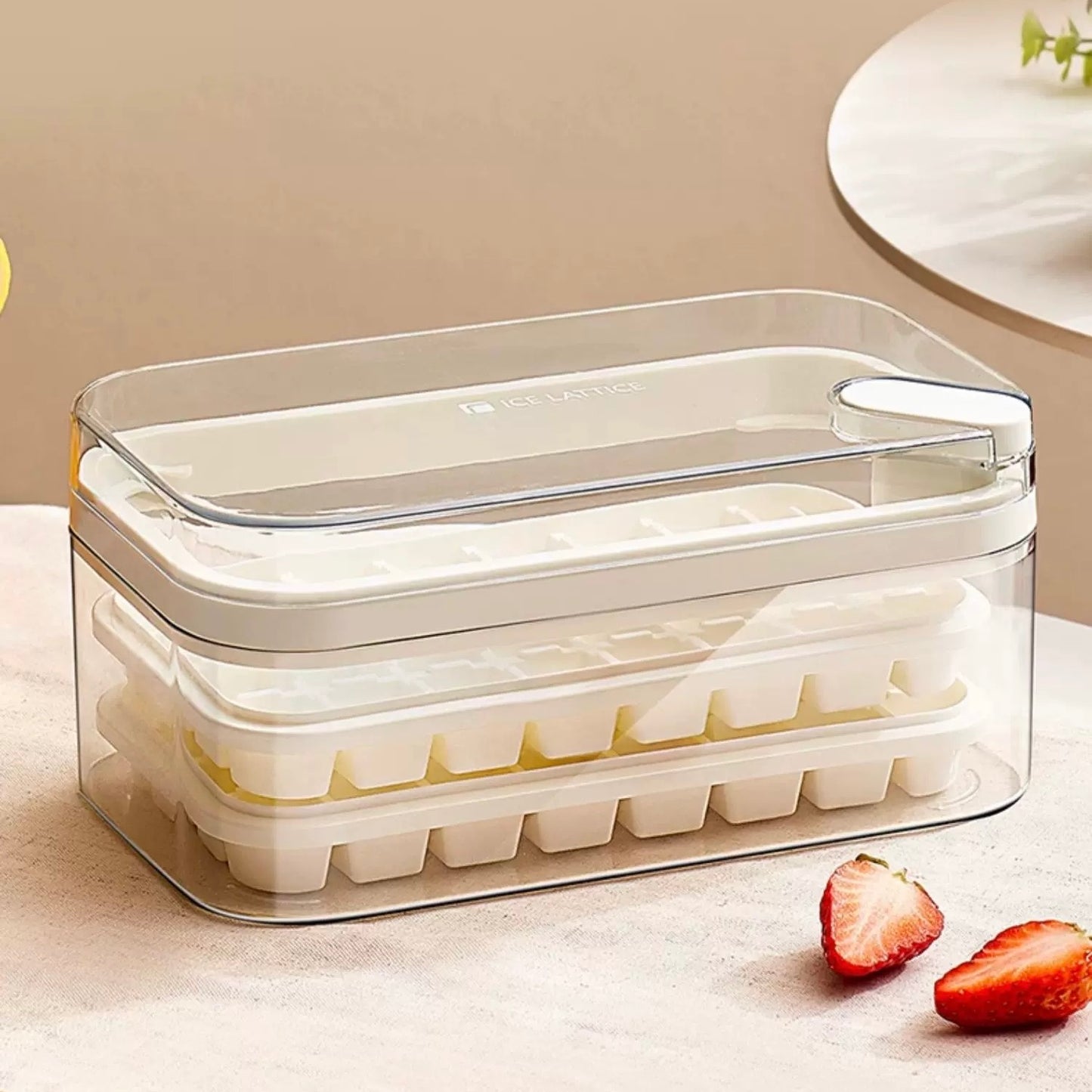 Push-Button Ice Cube Maker – Double-Layer Design with 64 Compartments | Includes Ice Scoop