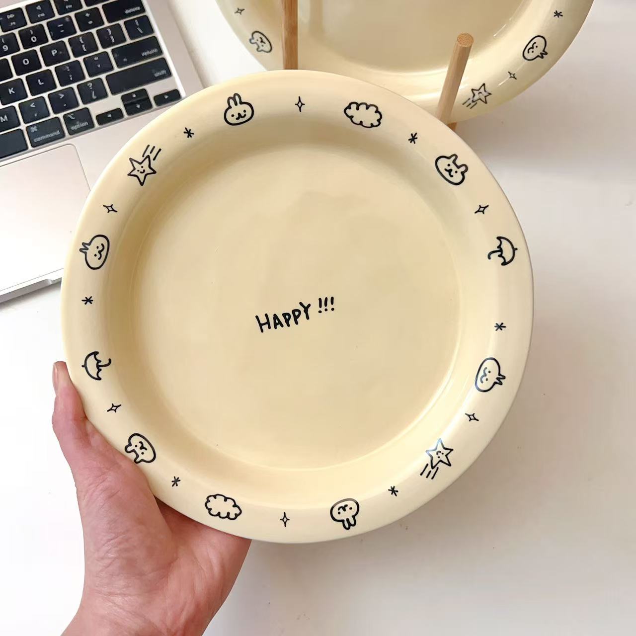 Cream Doodle Style Ceramic Round Plate, 8-Inch