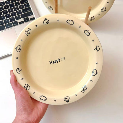 Cream Doodle Style Ceramic Round Plate, 8-Inch