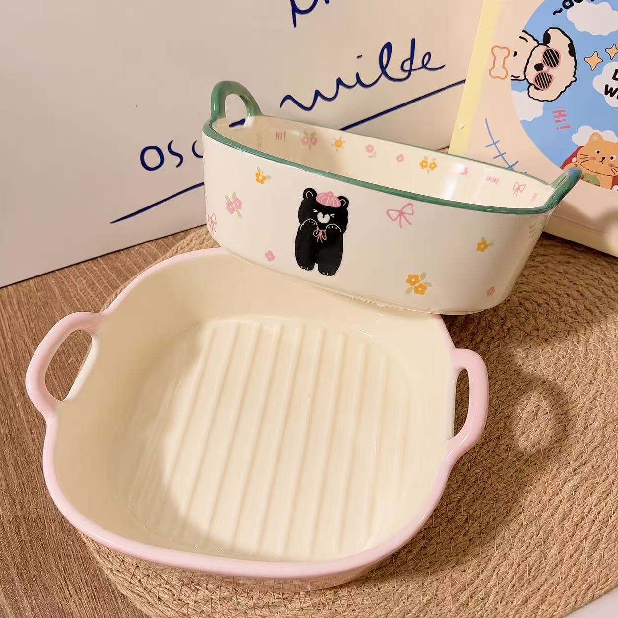 Cute Animal Ceramic Baking Dish with Handles - Oven & Air Fryer Safe
