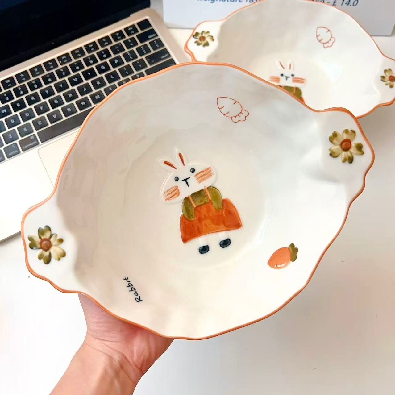 Hand-Painted Bunny Double-Handle Ceramic Bowl – 750ML