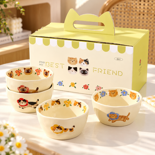 Cats & Flowers Ceramic Bowl Gift Set – Set of 4