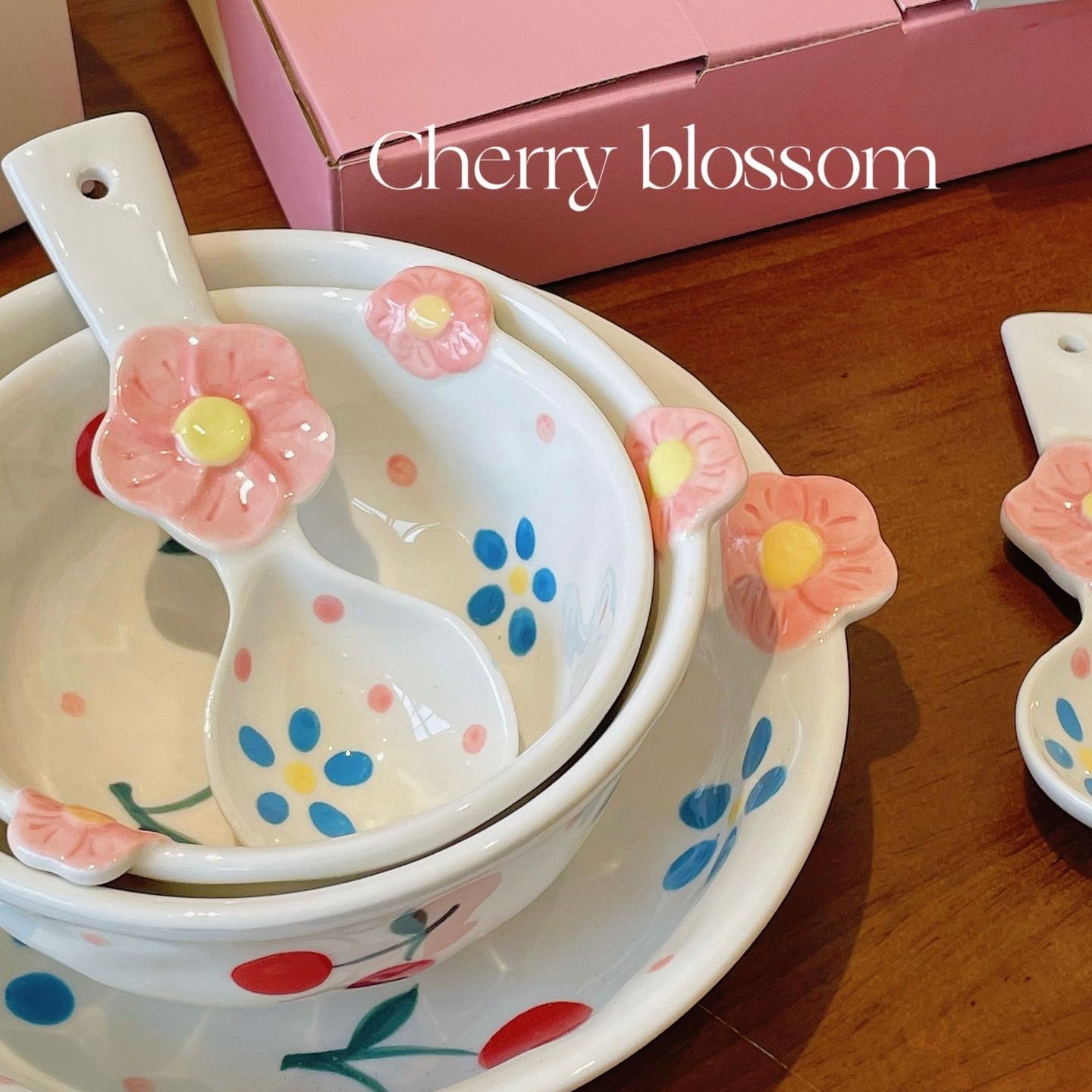 Cherry Blossom Hand-Painted Dinnerware Set | Cute Floral Design with Handles | Microwave & Dishwasher Safe