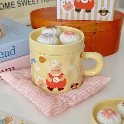 Cute Piggy Ceramic Coffee Mug with Soup Dumpling Lid – 300ML Capacity