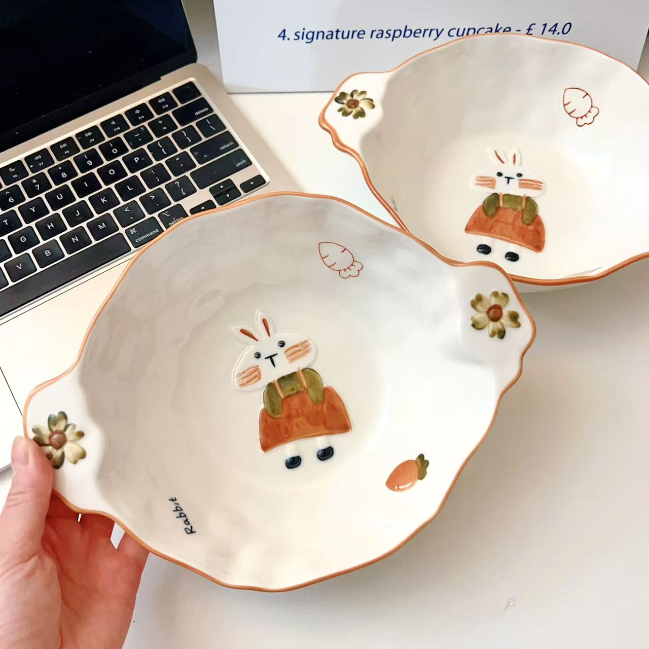 Hand-Painted Bunny Double-Handle Ceramic Bowl – 750ML