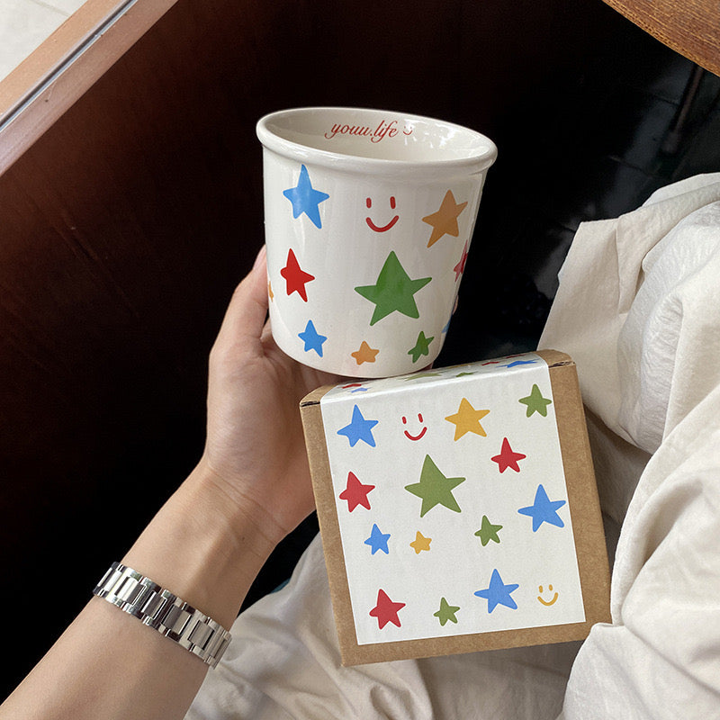 Colorful Star Ceramic Mug – Cute Doodle Design, 350ML Capacity