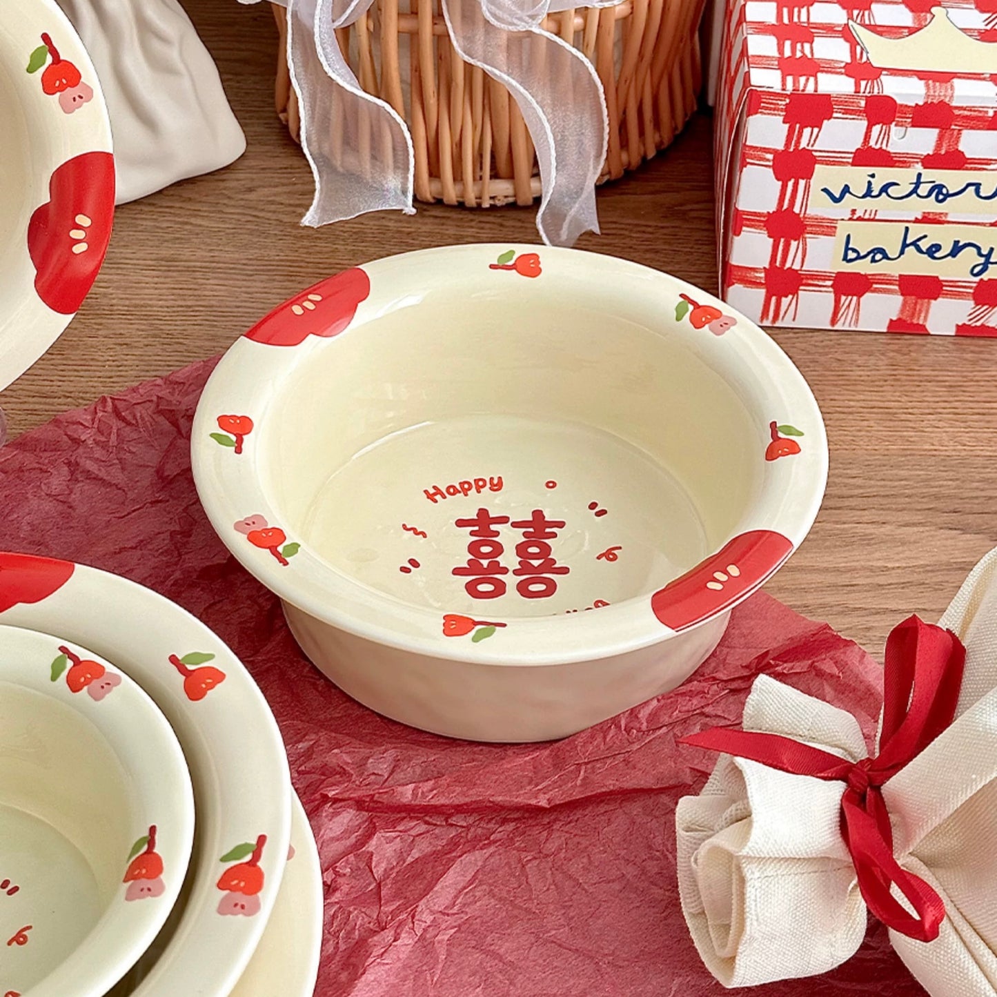 Double Happiness Wedding Ceramic Tableware Gift Set - Set of 8