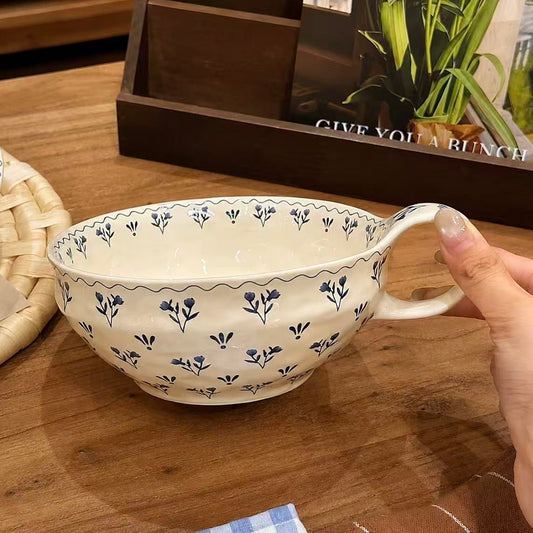 Cottage-Style Blue Floral Ceramic Bowl with Handle - 600ML