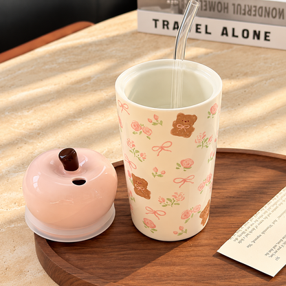 Floral Bear Ceramic Straw Cup with Lid – 450ML
