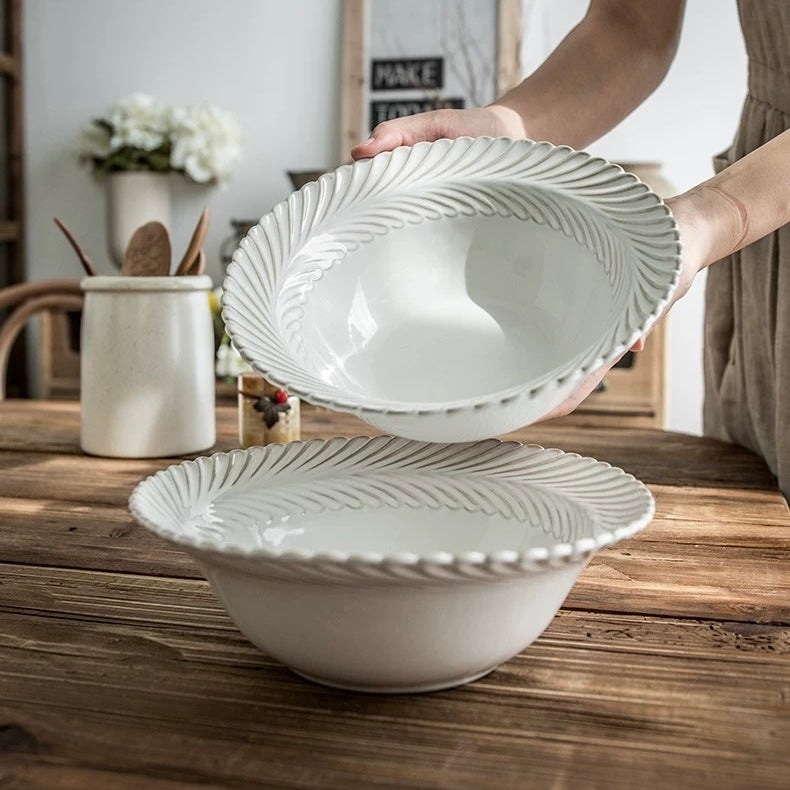 Retro Kiln-Transformed White Porcelain Soup Bowl | Unique Color Variations - 9 Inch