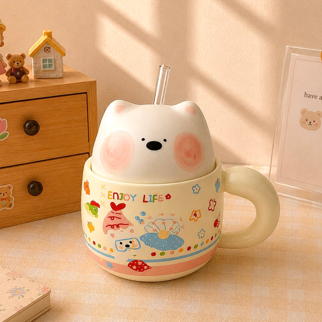 Chubby Bear Ceramic Mug with Bear Lid & Glass Straw – 350ML