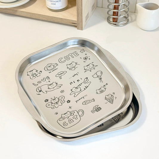 Cute Cat Stainless Steel Serving Tray with Handle, 8.5-Inch