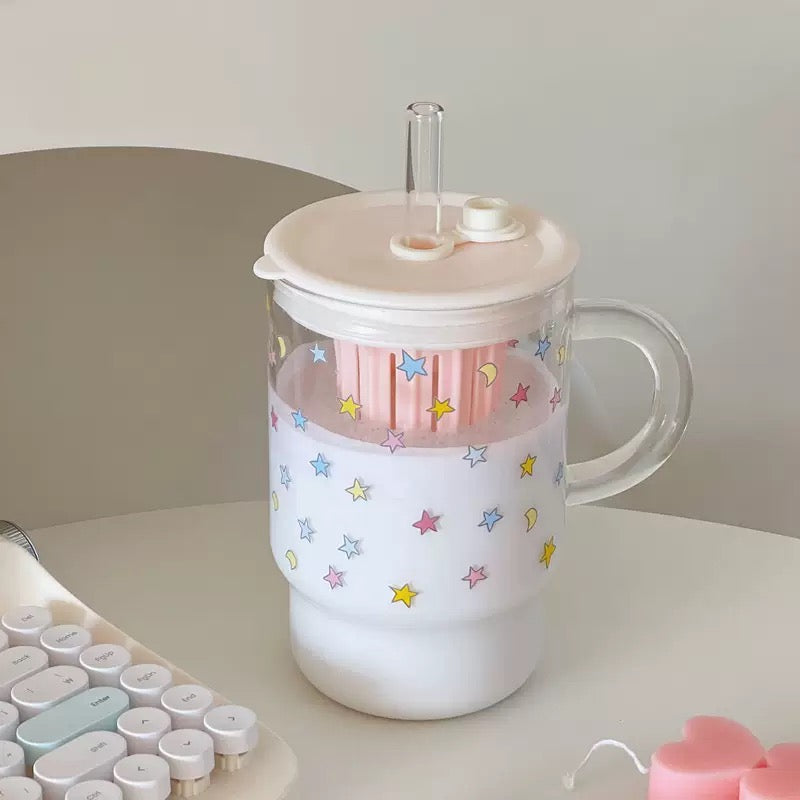 Colorful Stars Large Glass Mug with Straw – 1000ML