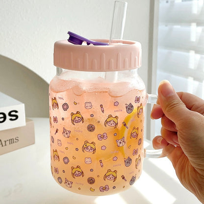 Cute Girl Glass Cup with Straw & Lid - 700ML