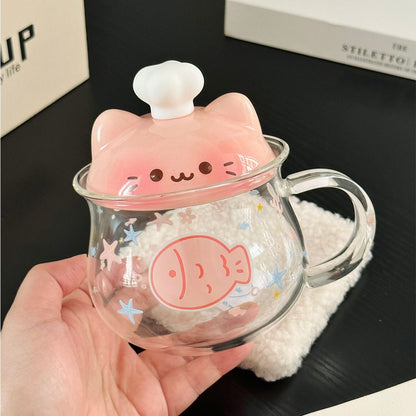 Chef Cat Kawaii Glass Mug with Ceramic Lid – 400ML