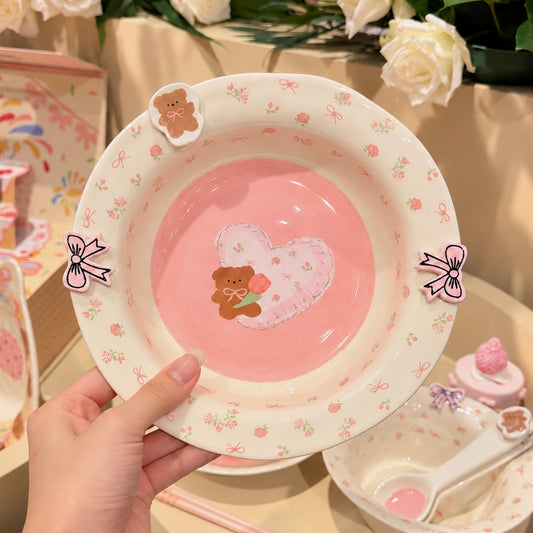 Floral Heart Bear Ceramic Deep Plate – 8-Inch