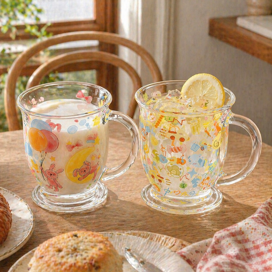 Doodle & Balloon Bunny Glass Mug with Handle – 460ML