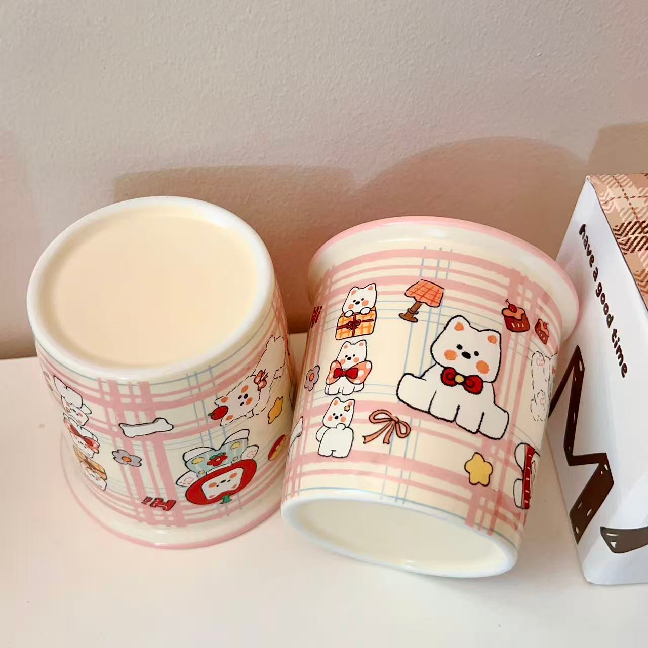 Cute Westie dog ceramic mug with pink plaid background and multiple dog illustrations, 330ML