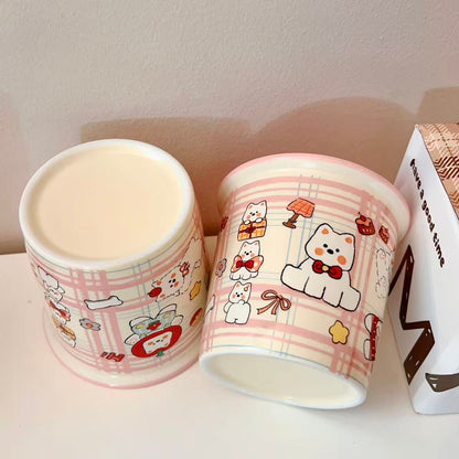 Cute Westie dog ceramic mug with pink plaid background and multiple dog illustrations, 330ML