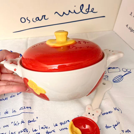 Tomato Bunny Ceramic Ramen Bowl with Lid and Spoon, 500ML