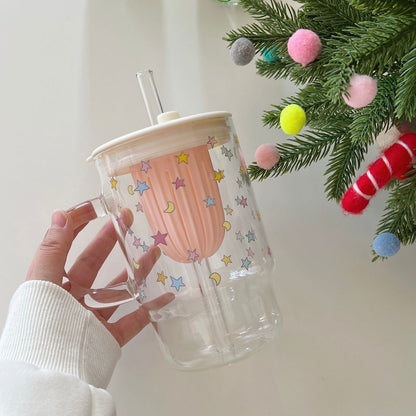 Colorful Stars Large Glass Mug with Straw – 1000ML