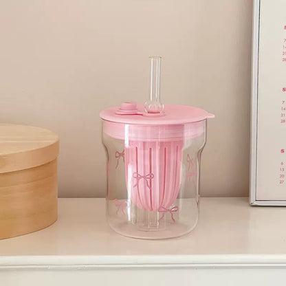 Coquette Bow Glass Cup with Straw – 500ML