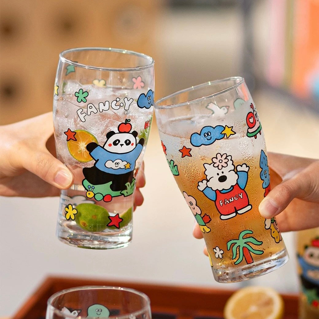 Fancy dog and panda glass beer cups with colorful cartoon design, 600ML capacity