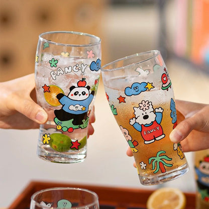 Fancy dog and panda glass beer cups with colorful cartoon design, 600ML capacity