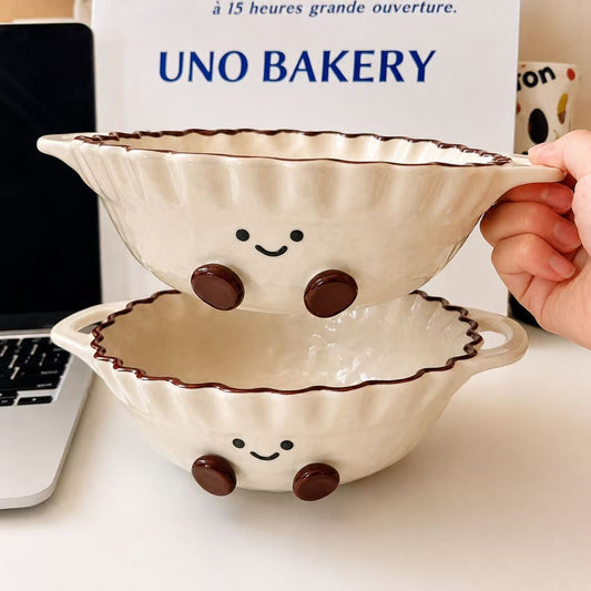 Hand-Painted Cocoa Bean Ceramic Ramen Bowl with Handles – 780ML