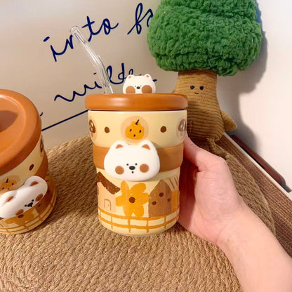 Caramel Westie Ceramic Straw Cup with Lid - 350ML