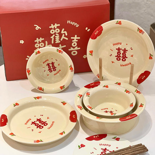 Double Happiness Wedding Ceramic Tableware Gift Set - Set of 8