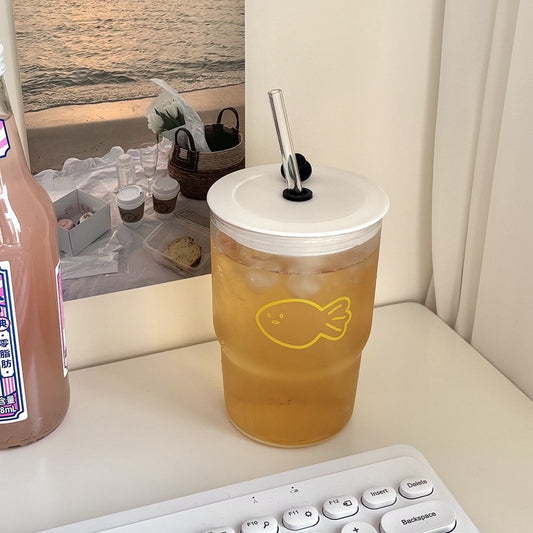 Little Fish Glass Cup with Lid and Straw – 450ML Capacity