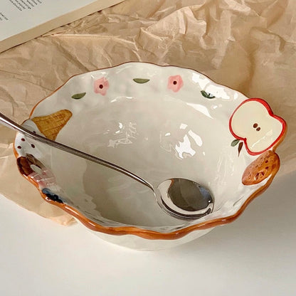 Hand-Painted Apple Embossed Ceramic Ramen Bowl – 600ML