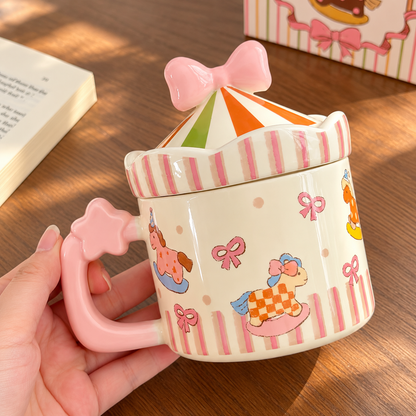 Cute Carousel Ceramic Mug with Lid - 300ML
