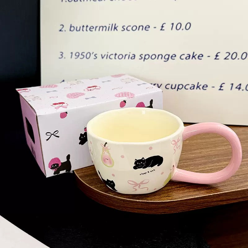 Cute Strawberry Cat Ceramic Mug with Large Handle, 300ML