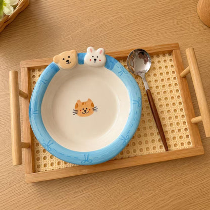 Hand-Painted Bunny & Bear Cute Ceramic Deep Plate, 8-Inch