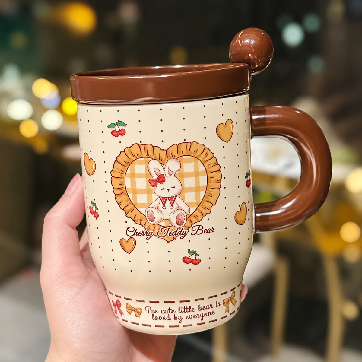 Cherry Bunny & Bear Ceramic Mug with Lid & Spoon – 450ML