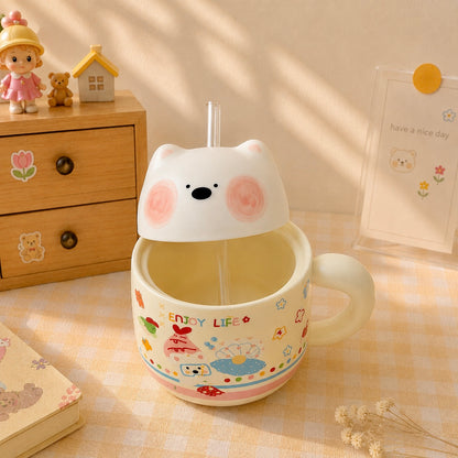 Chubby Bear Ceramic Mug with Bear Lid & Glass Straw – 350ML