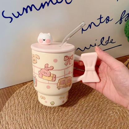 Bow Bunny Ceramic Mug with Straw & Lid - 400ML / 600ML