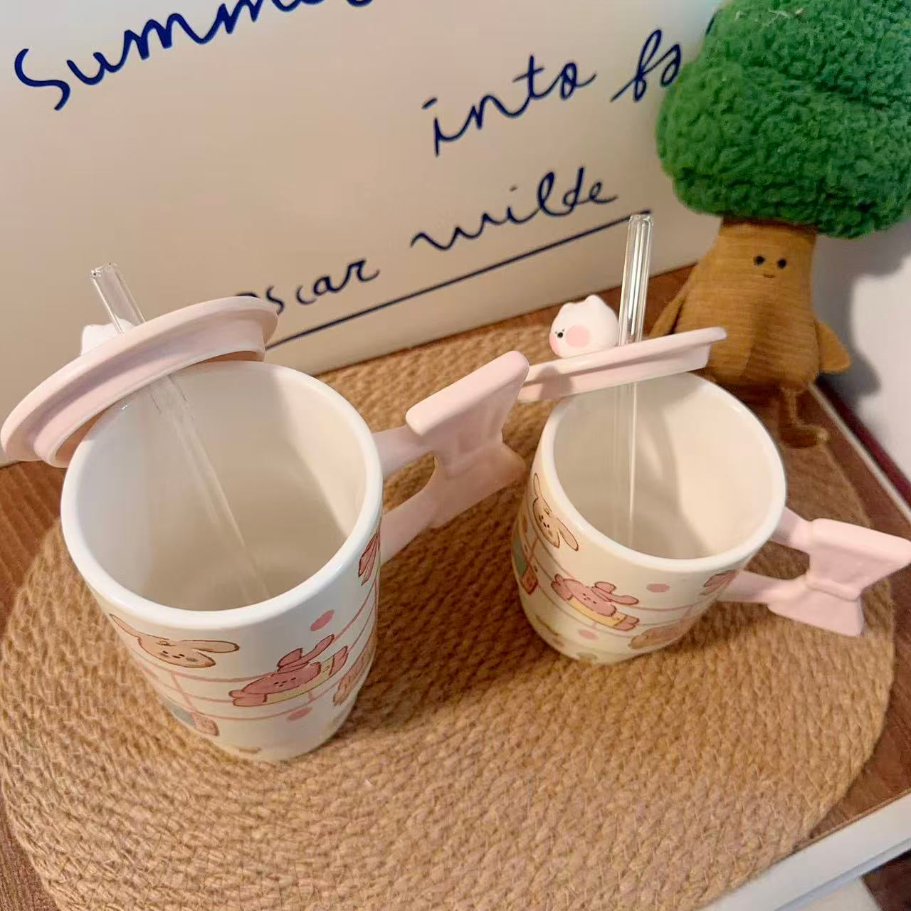 Bow Bunny Ceramic Mug with Straw & Lid - 400ML / 600ML