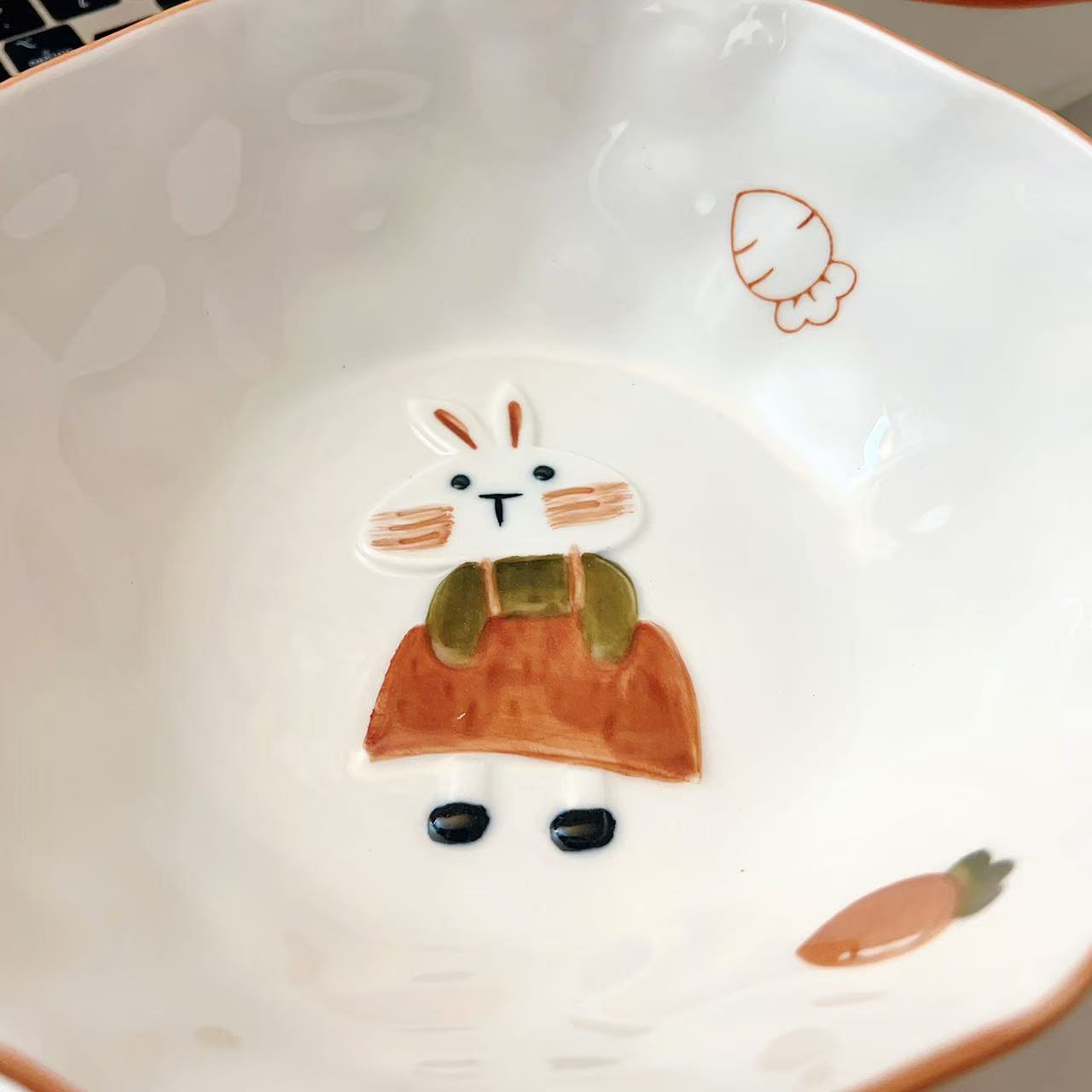 Hand-Painted Rabbit Double-Handle Ceramic Bowl – 750ML