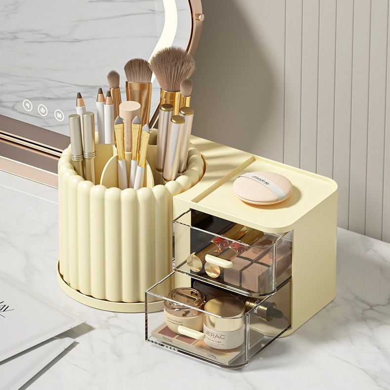 Cream Ribbed Rotating Pen Holder with Drawer Organizer - 2 Colors